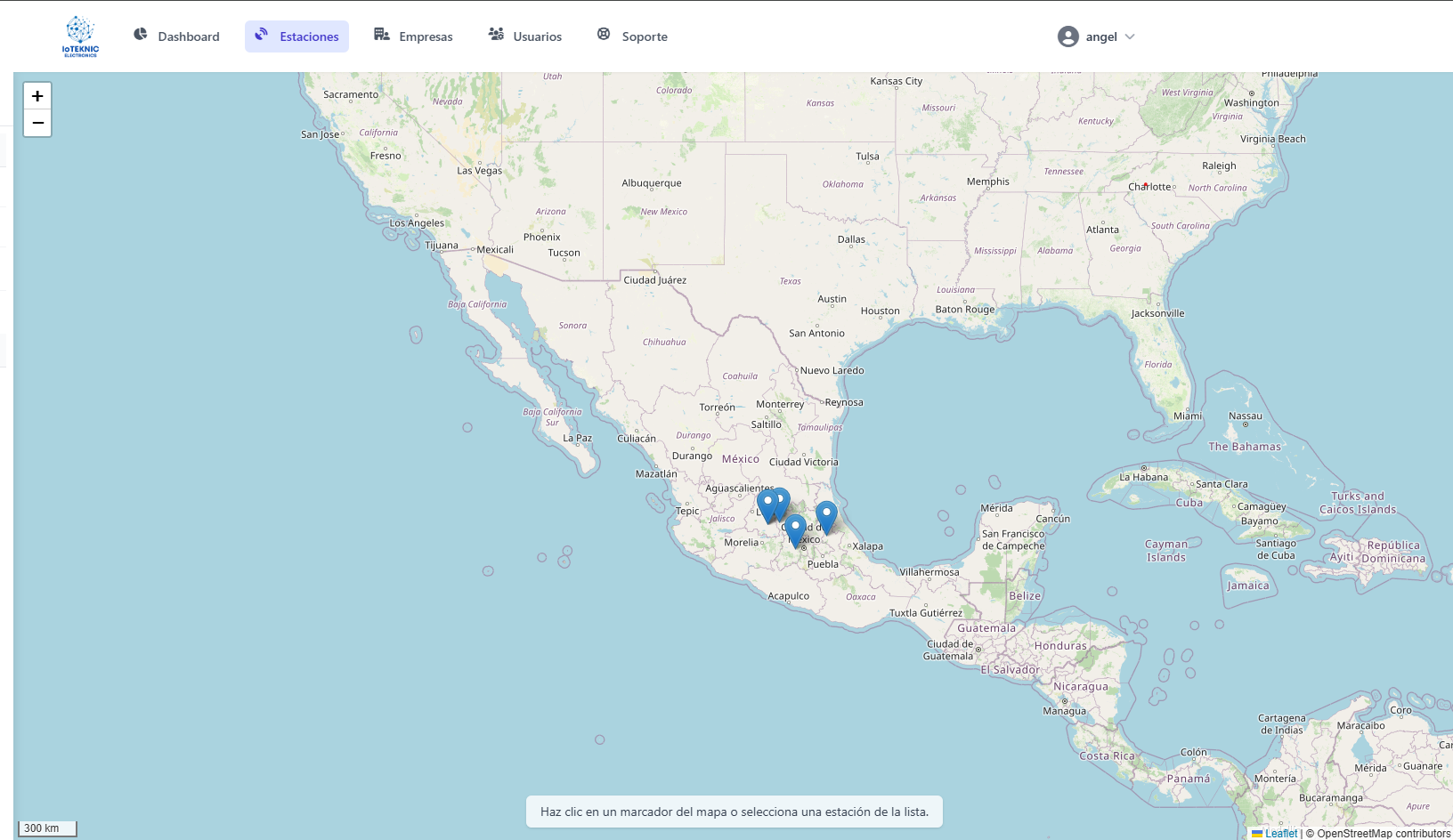 Captura de pantalla del dashboard IoTEKNIC mostrando el mapa de estaciones